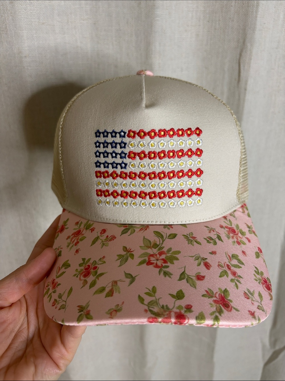 C.C Pink Floral Trucker Hat with Embroidered Flag